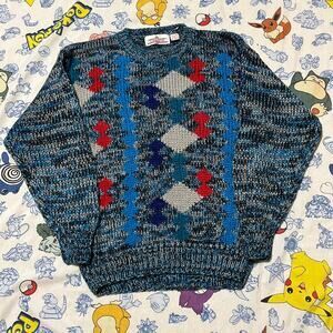 Vintage 90s Tomato Blue Loose Knit Pattern Acrylic Sweater